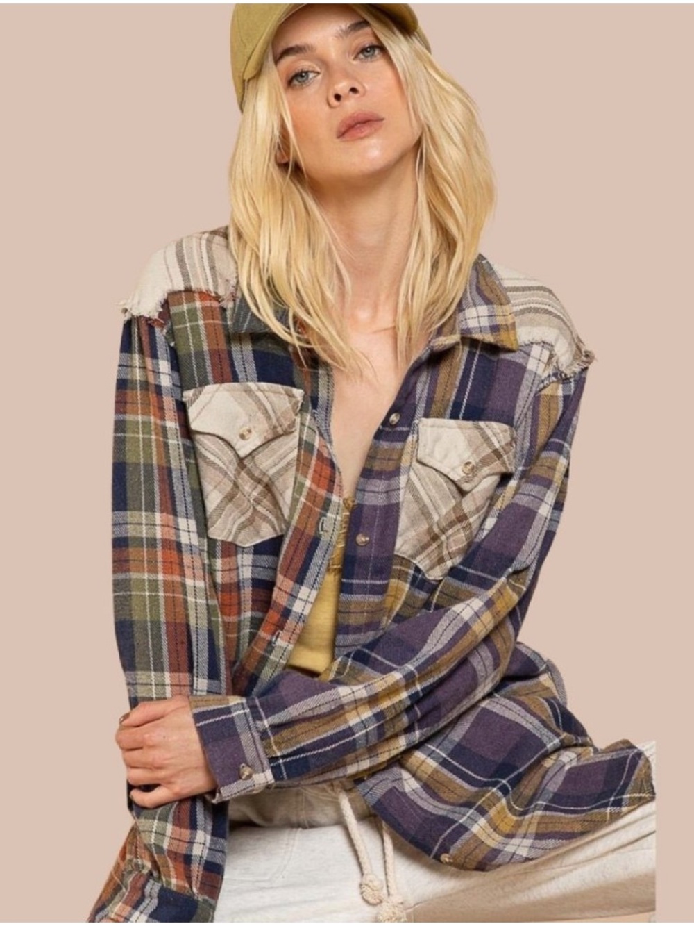 POL Plaid Flannel Shirt Jacket Shacket Relaxed Oversized Fit Raw Exposed Seams